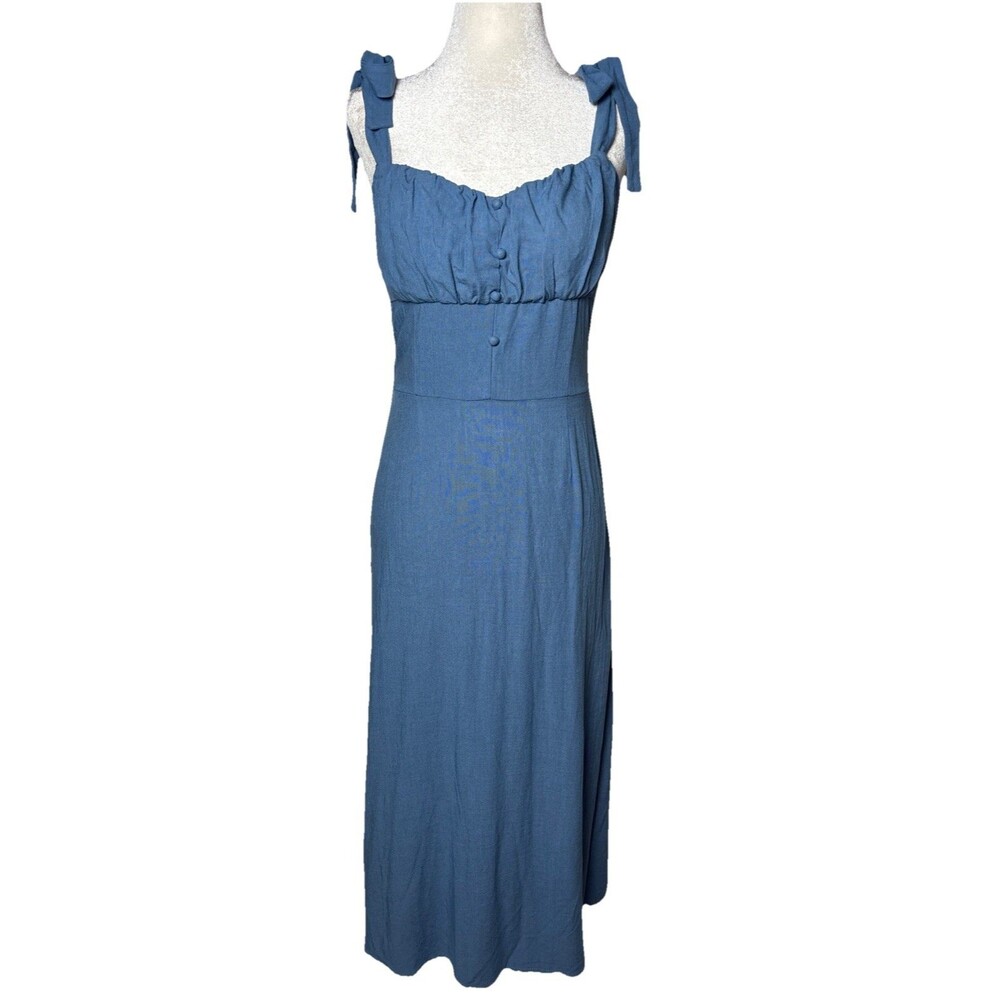 Womens Size Small Linen Blend Midi Dress Milkmaid Style Tie Straps